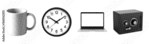 Halftone design: coffee mug, wall clock, laptop, and smiling box