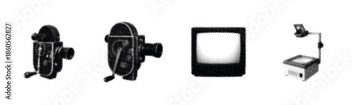 Retro film camera, projector, tv, and overhead projector collection in black and white