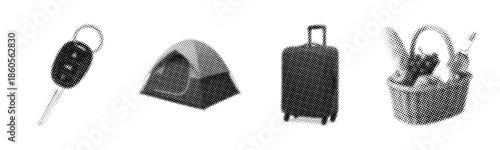 Set of travel essentials: key, tent, suitcase, and picnic basket