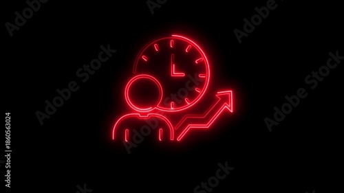 Glowing Red Neon Line Time Management Business Icon Animation on Black Background, Clock Deadline Efficiency Productivity Planning Concept for Corporate Video, Startup Presentation, Fintech Technology