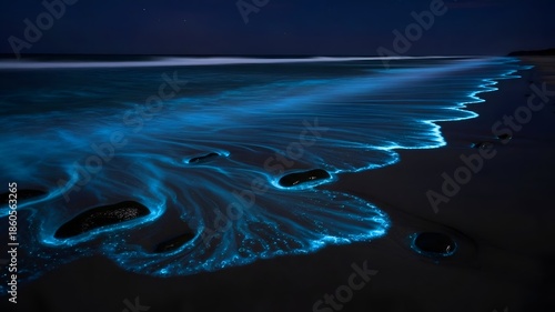 Ocean waves glowing with bioluminescent algae on a dark sandy beach at night.