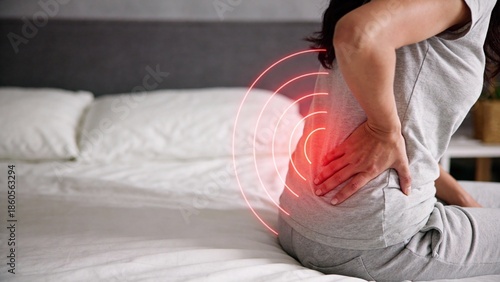Woman suffering from lower back pain sitting on bed at home