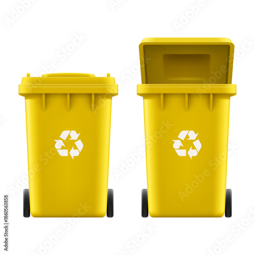 Yellow 3D plastic recycling bins set standing open and closed for waste management with eco friendly vibe isolated on transparent background