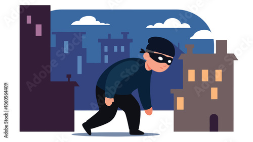 Modern vector illustration of masked criminal silhouette sneaking through city alley at night, crime awareness and urban security concept