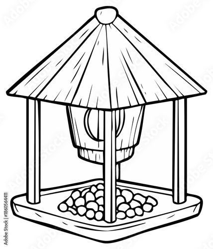 Simple wooden bird feeder filled with seeds outdoor garden accessory line art illustration