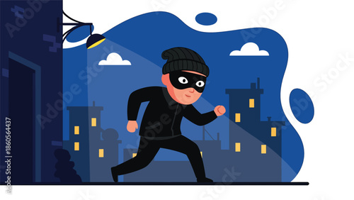 Modern vector illustration of masked criminal silhouette sneaking through city alley at night, crime awareness and urban security concept
