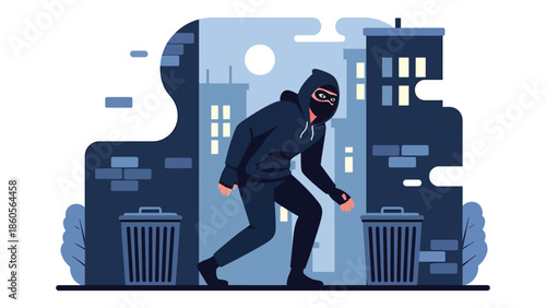 Modern vector illustration of masked criminal silhouette sneaking through city alley at night, crime awareness and urban security concept