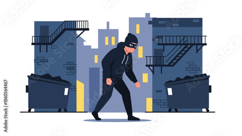 Modern vector illustration of masked criminal silhouette sneaking through city alley at night, crime awareness and urban security concept