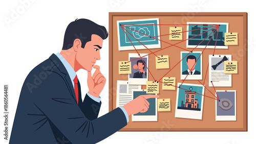 Modern vector illustration of police detective analyzing evidence board, crime investigation and law enforcement intelligence concept