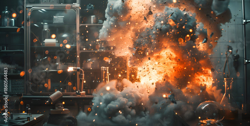 Intense laboratory explosion with flames and shattered glass