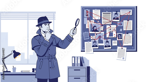 Modern vector illustration of police detective analyzing evidence board, crime investigation and law enforcement intelligence concept