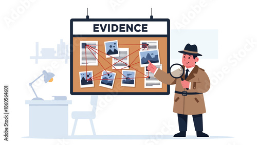 Modern vector illustration of police detective analyzing evidence board, crime investigation and law enforcement intelligence concept