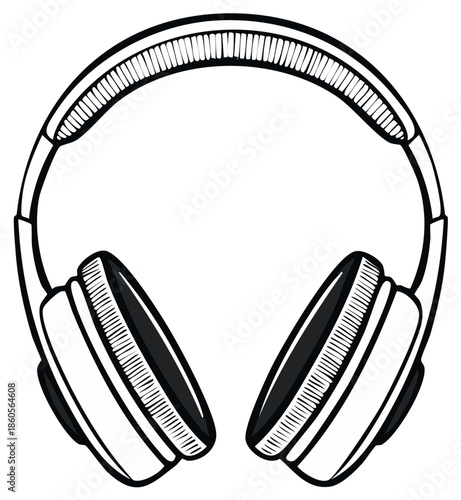Headphones doodle style vector illustration. Audio listening device. Black outline with detailed shading of musical equipment. Studio headset