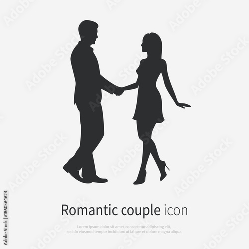 Man dances with a girl holding her hand full-length silhouette icon, side view. Vector logo of a couple. Illustration isolated on white background