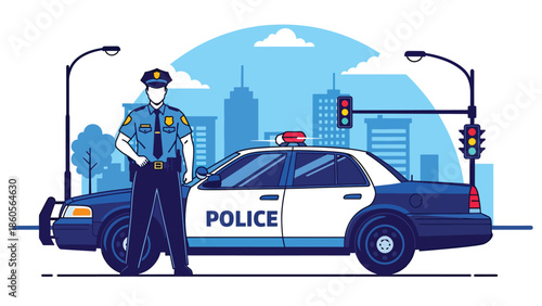 Modern vector illustration of police officer standing beside patrol car on city street, public safety and crime prevention concept