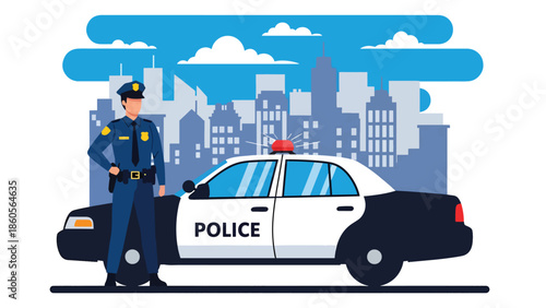 Modern vector illustration of police officer standing beside patrol car on city street, public safety and crime prevention concept