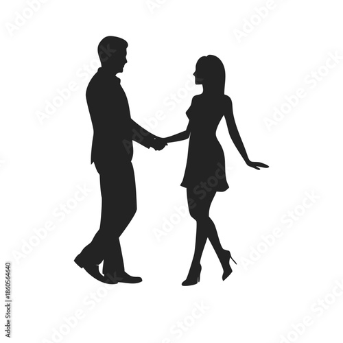 Man dances with a girl holding her hand logo in full-length side view. Сouple silhouette graphic design. Isolated on white background