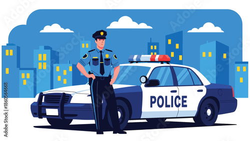 Modern vector illustration of police officer standing beside patrol car on city street, public safety and crime prevention concept