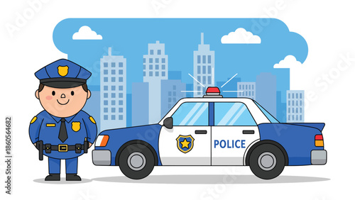 Modern vector illustration of police officer standing beside patrol car on city street, public safety and crime prevention concept