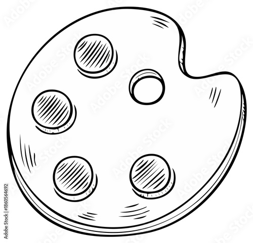 Artistic Painter's Palette with Five Circular Wells for Colors in Sketch Style