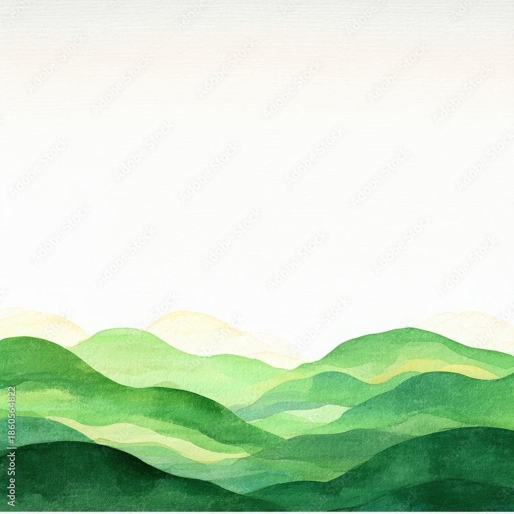 Obraz premium Summer landscape illustration of a green meadow field under a blue sky with white clouds and rolling hills in a clean nature design