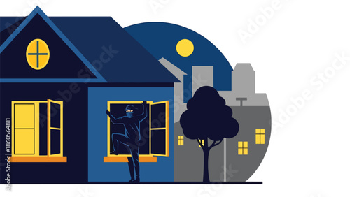 Modern vector illustration of burglar silhouette entering window, property crime and home security awareness concept