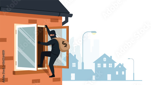 Modern vector illustration of burglar silhouette entering window, property crime and home security awareness concept