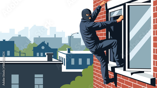 Modern vector illustration of burglar silhouette entering window, property crime and home security awareness concept