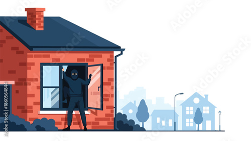 Modern vector illustration of burglar silhouette entering window, property crime and home security awareness concept