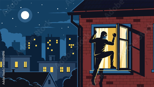 Modern vector illustration of burglar silhouette entering window, property crime and home security awareness concept