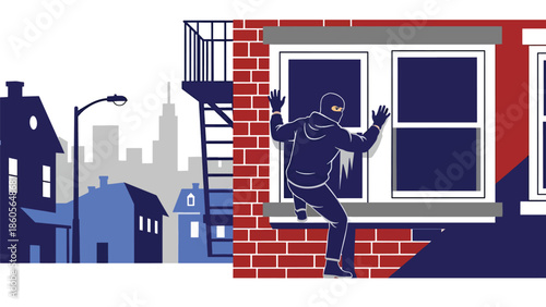 Modern vector illustration of burglar silhouette entering window, property crime and home security awareness concept