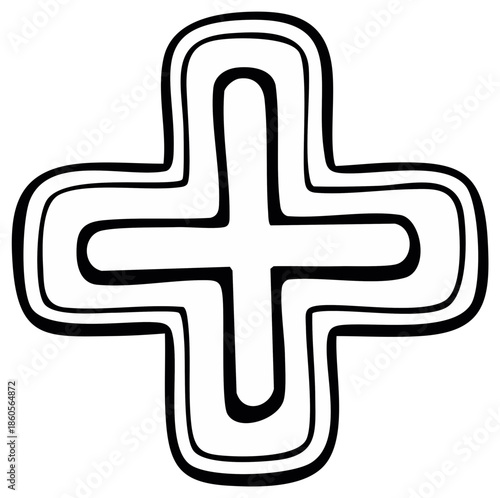 Simple hand drawn black outline of a plus sign symbol with thick rounded edges
