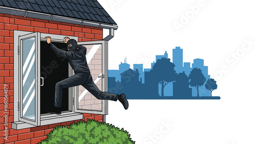 Modern vector illustration of burglar silhouette entering window, property crime and home security awareness concept