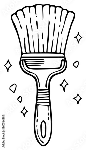 Stylized black and white line drawing of a new clean paintbrush with sparkle elements