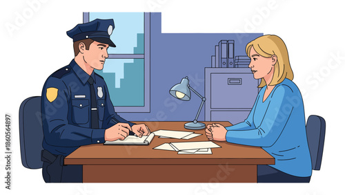 Modern vector illustration of police officer interviewing witness at desk, investigation process and criminal inquiry concept