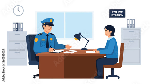 Modern vector illustration of police officer interviewing witness at desk, investigation process and criminal inquiry concept