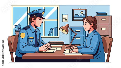 Modern vector illustration of police officer interviewing witness at desk, investigation process and criminal inquiry concept