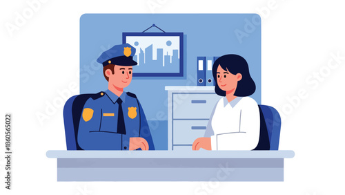 Modern vector illustration of police officer interviewing witness at desk, investigation process and criminal inquiry concept