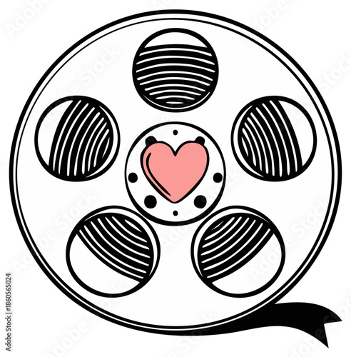 Film reel icon with a heart center symbolizing love for cinema, movies, or romantic films and video production