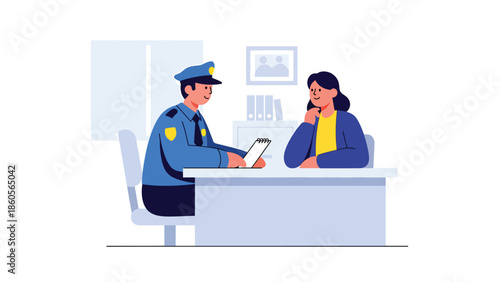 Modern vector illustration of police officer interviewing witness at desk, investigation process and criminal inquiry concept
