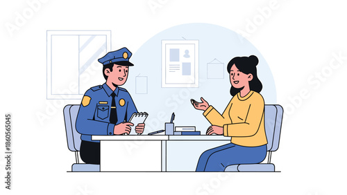 Modern vector illustration of police officer interviewing witness at desk, investigation process and criminal inquiry concept