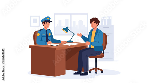 Modern vector illustration of police officer interviewing witness at desk, investigation process and criminal inquiry concept