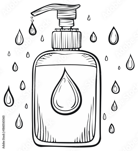 Hand sanitizer dispenser with dripping liquid drops and droplets illustration