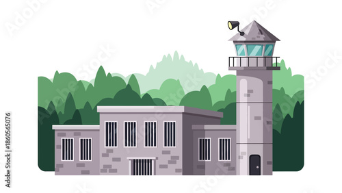 Modern vector illustration of prison exterior with guard tower, correctional system and criminal justice concept