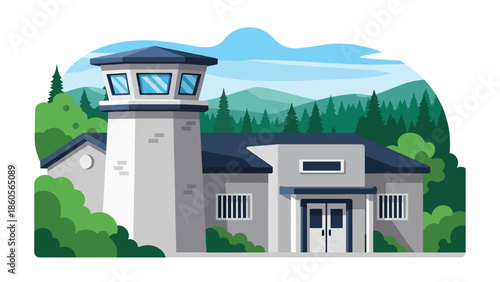 Modern vector illustration of prison exterior with guard tower, correctional system and criminal justice concept