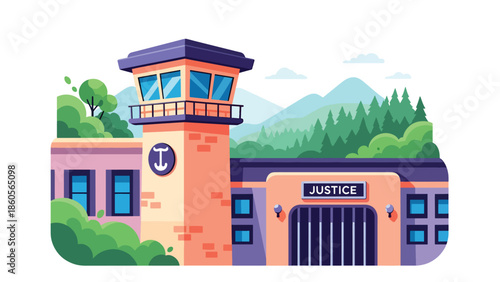 Modern vector illustration of prison exterior with guard tower, correctional system and criminal justice concept
