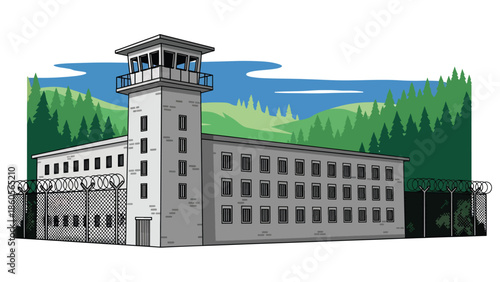 Modern vector illustration of prison exterior with guard tower, correctional system and criminal justice concept