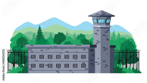 Modern vector illustration of prison exterior with guard tower, correctional system and criminal justice concept