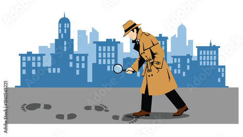 Modern vector illustration of detective following footprints in city street, crime investigation and pursuit concept