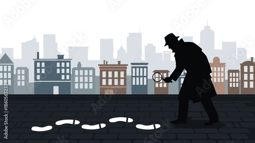Modern vector illustration of detective following footprints in city street, crime investigation and pursuit concept